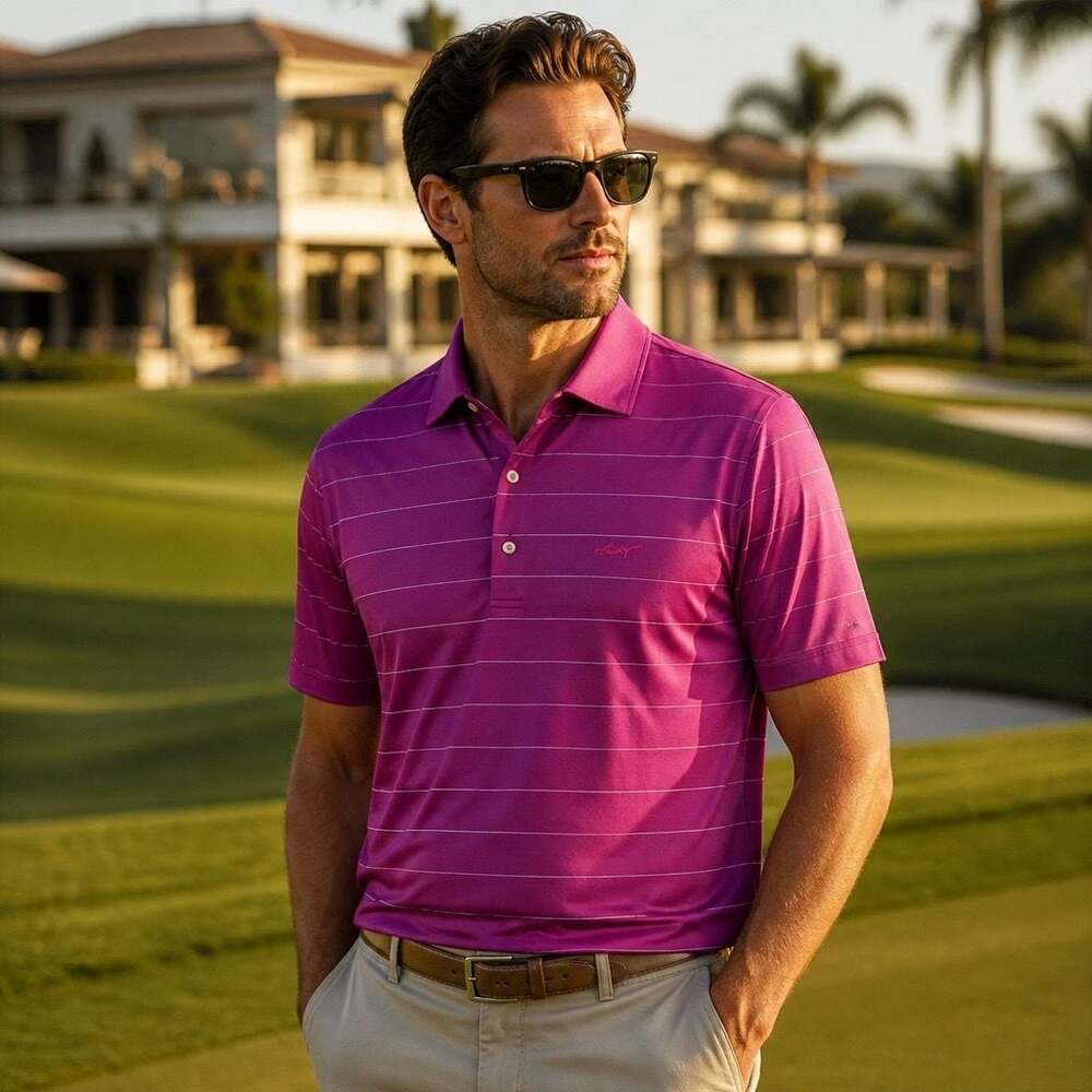 Greg Norman Play Dry Men's Purple Striped Short Sleeve Golf Polo Shirt Medium